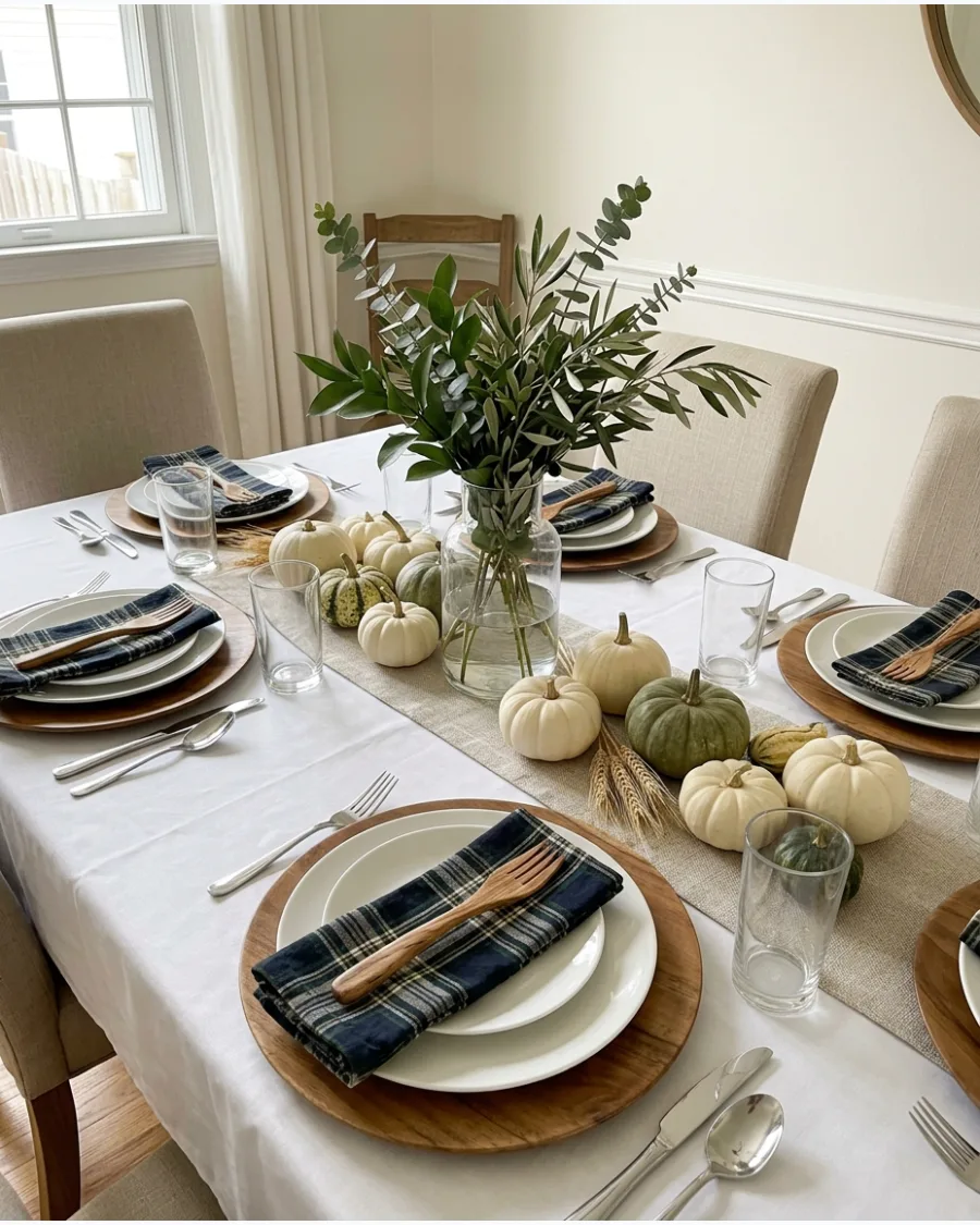 6. White and Natural Wood Thanksgiving Table
