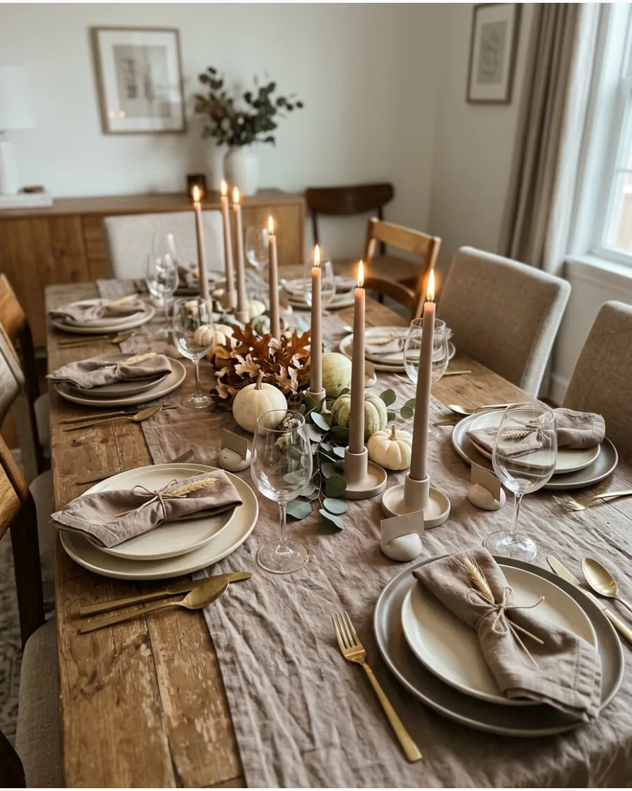 7. Taupe Thanksgiving Tablescape With Candlelight