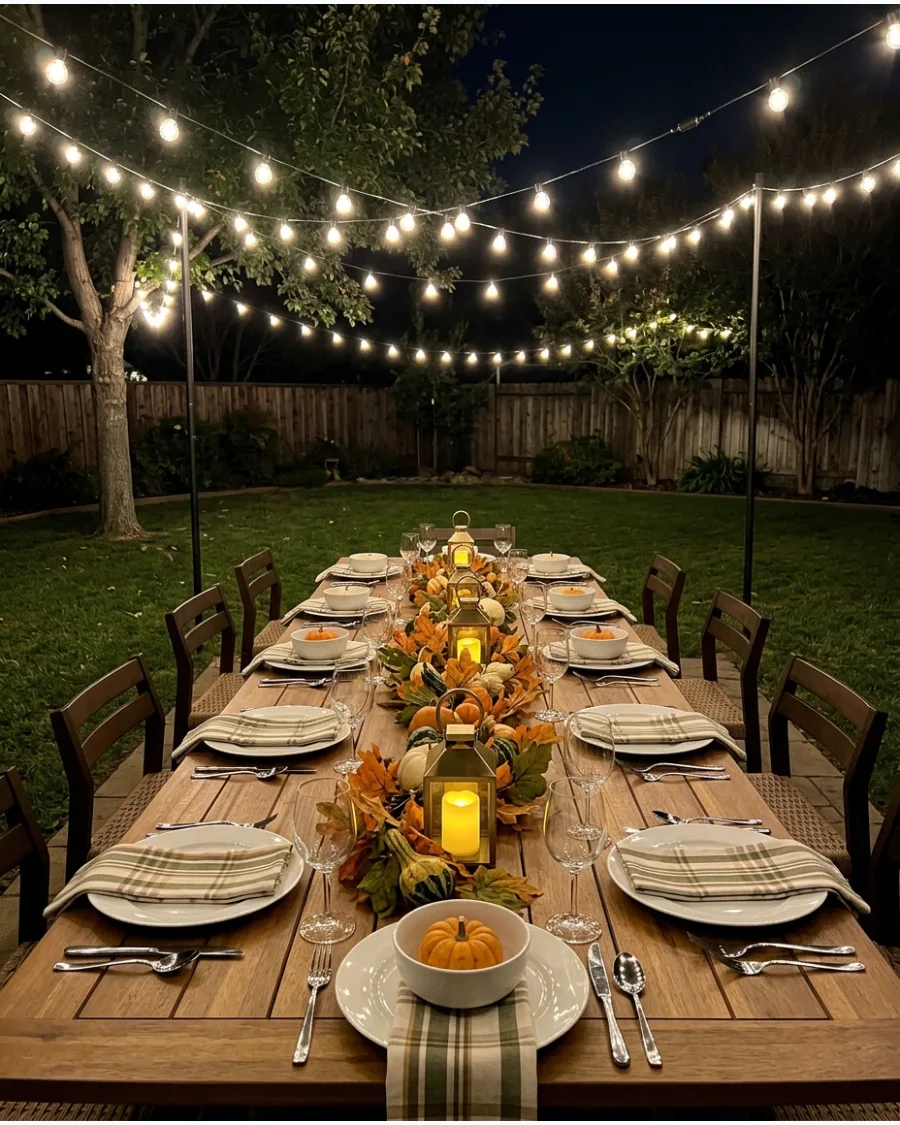 83. Backyard Thanksgiving Tablescape With String Lights