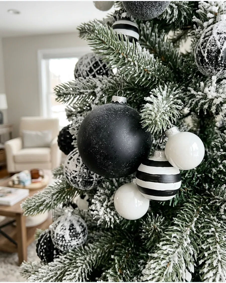 14. Black and White Ornament Christmas Tree