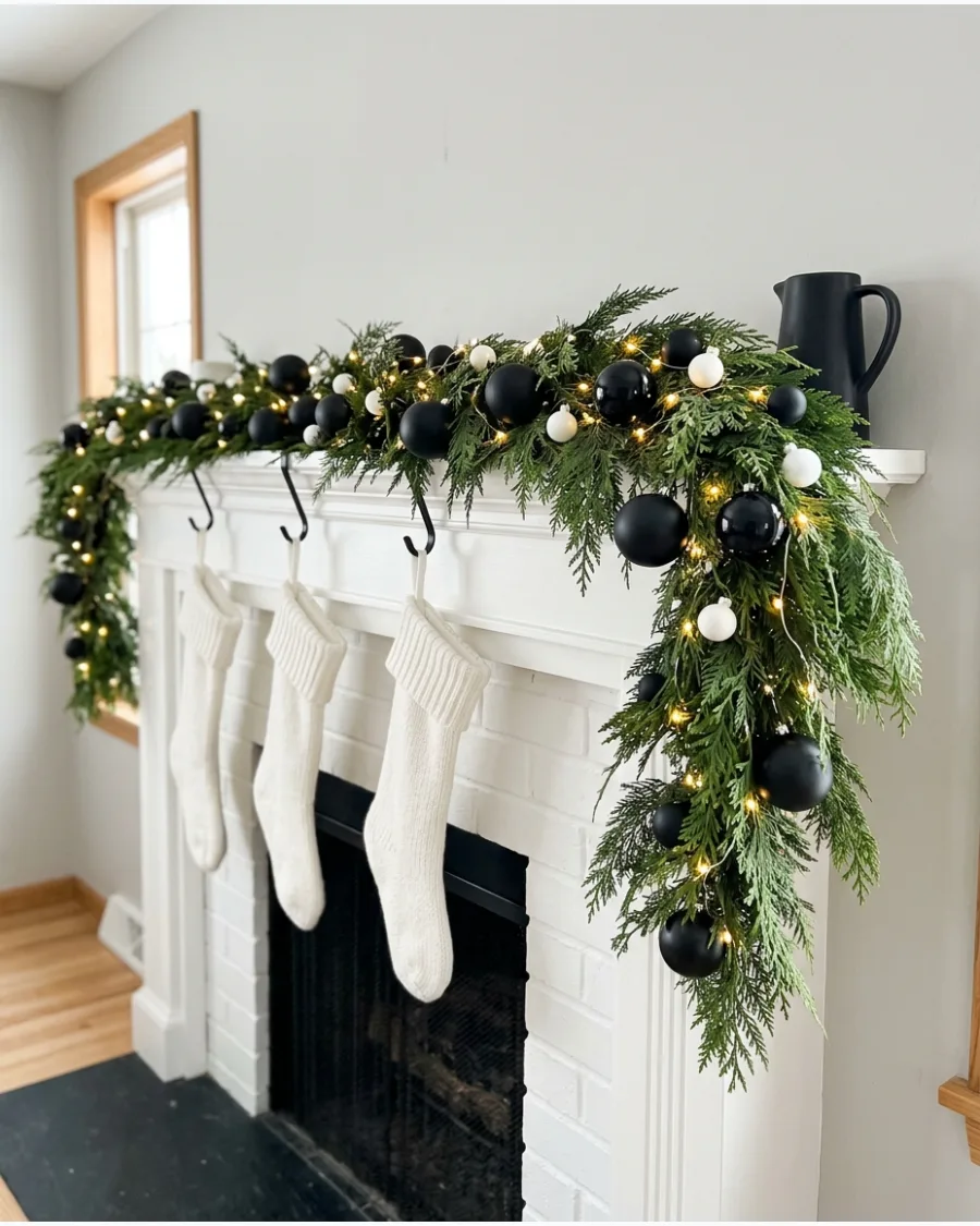 16. Black and White Christmas Mantel
