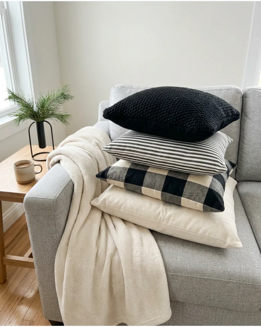 23. Black and White Christmas Sofa Decor