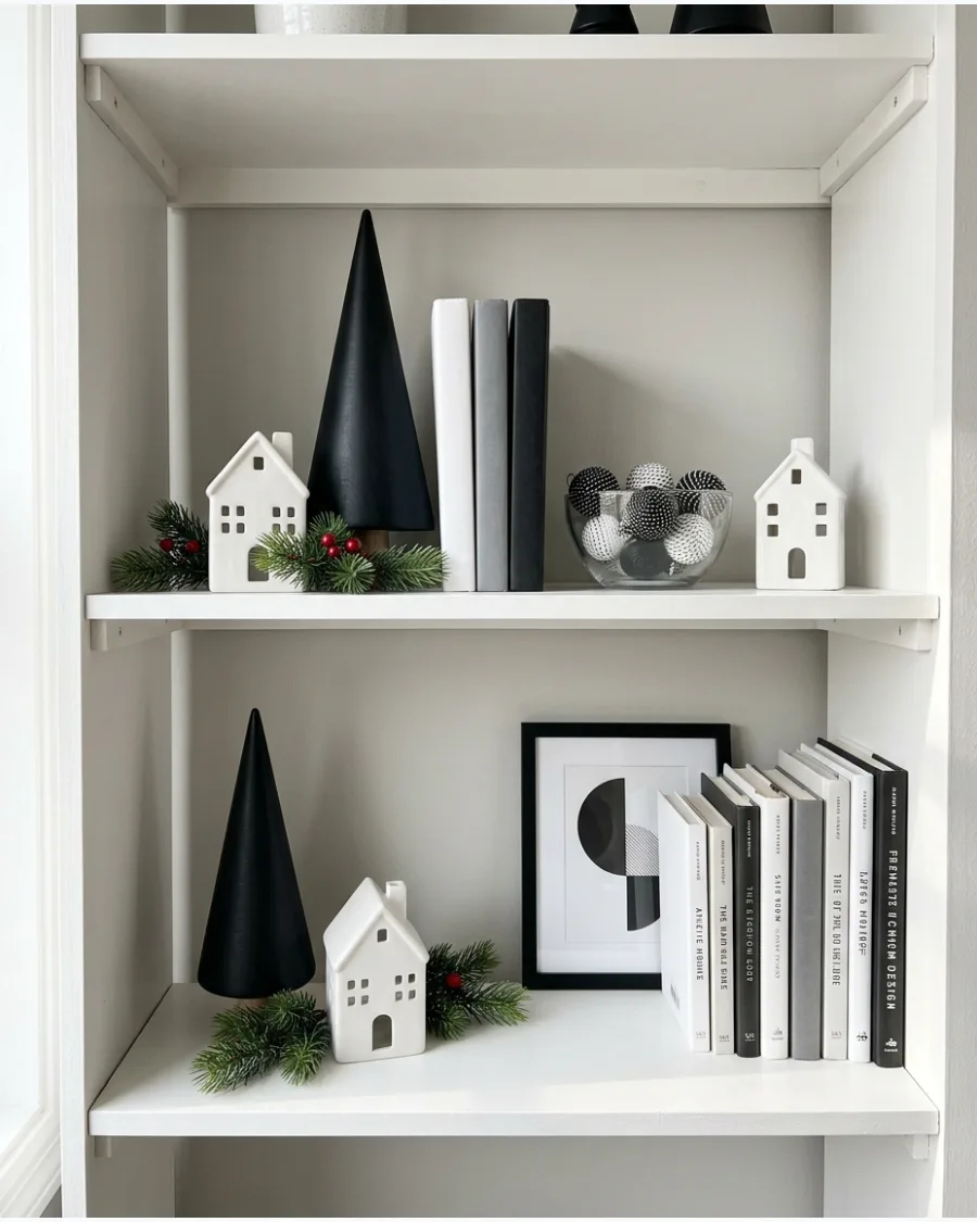 25. Black and White Christmas Shelf Decor