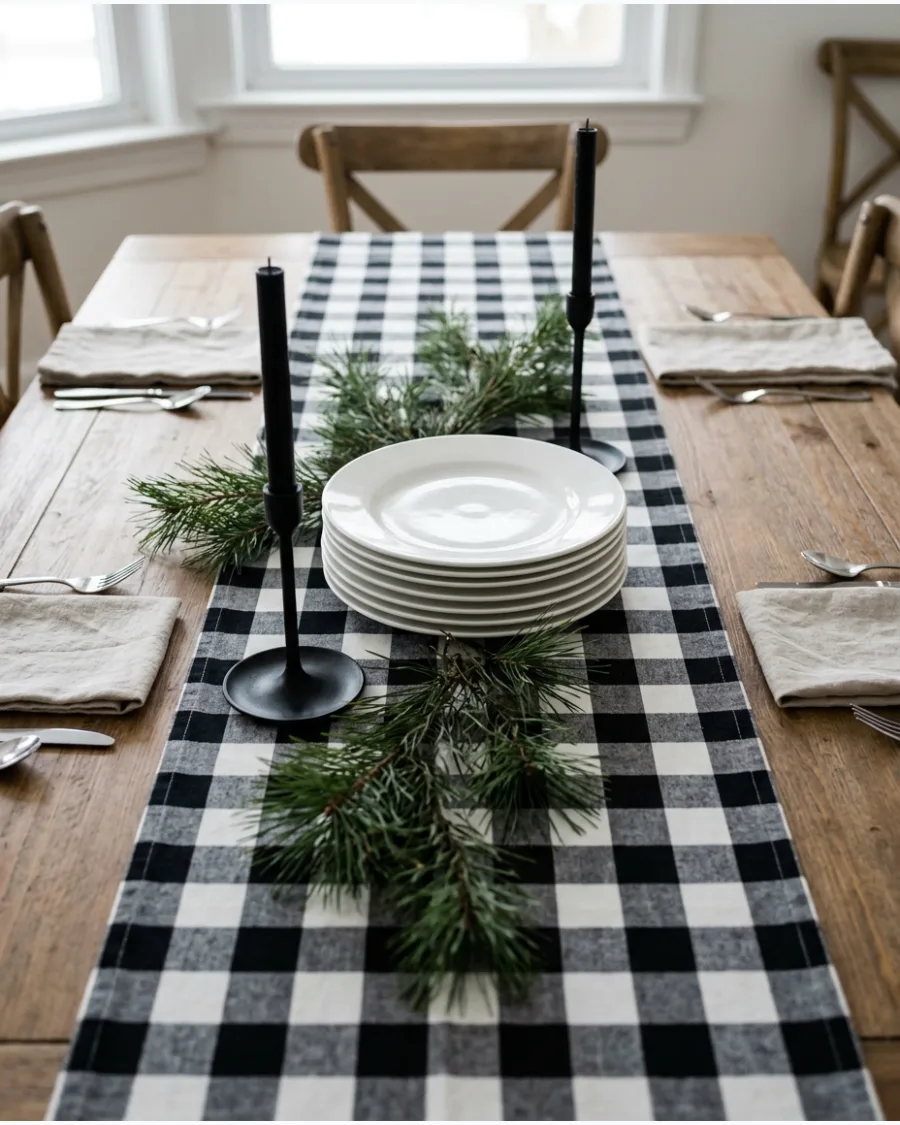 35. Black and White Buffalo Plaid Christmas Table