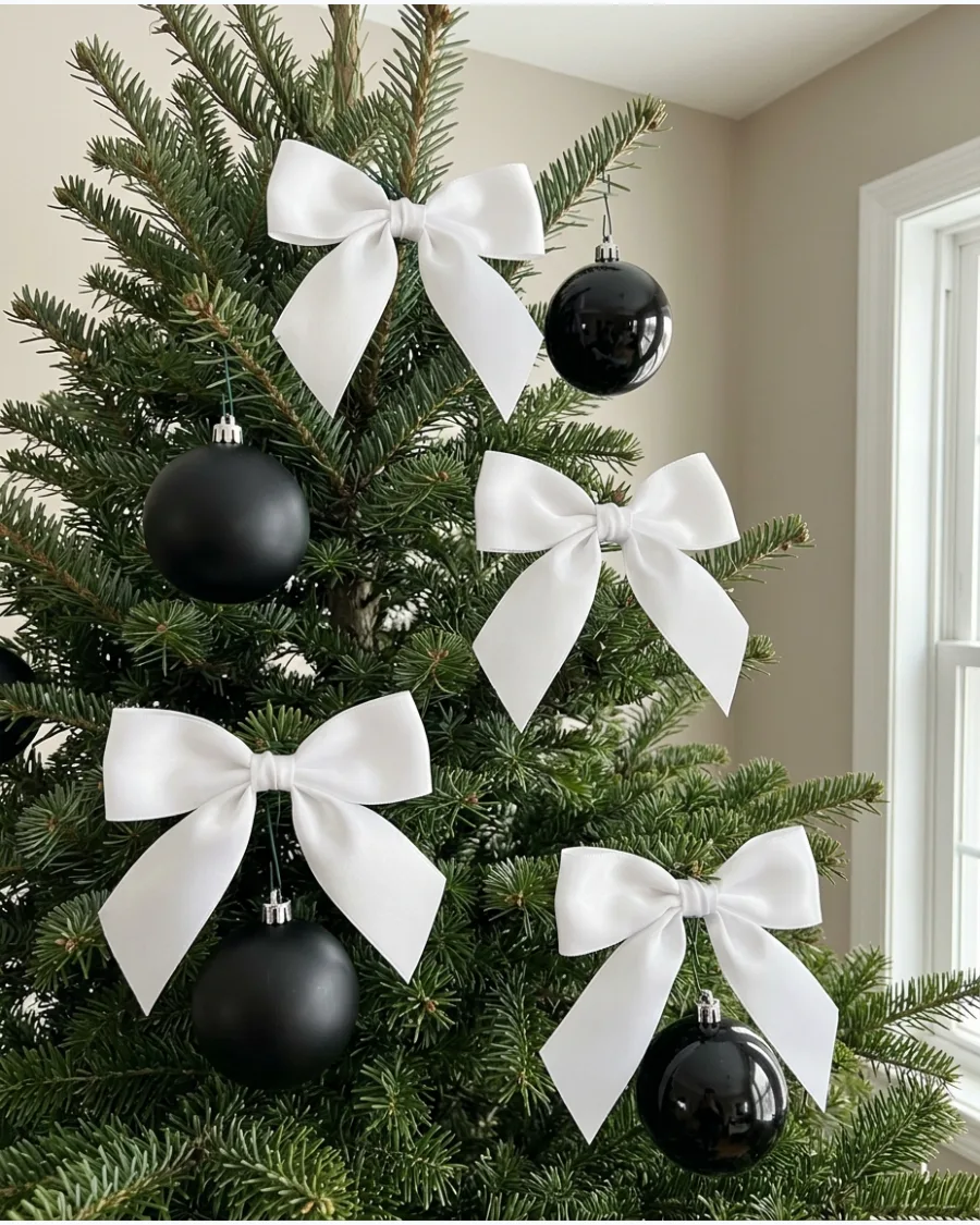 4. White Bow and Black Ornament Christmas Tree