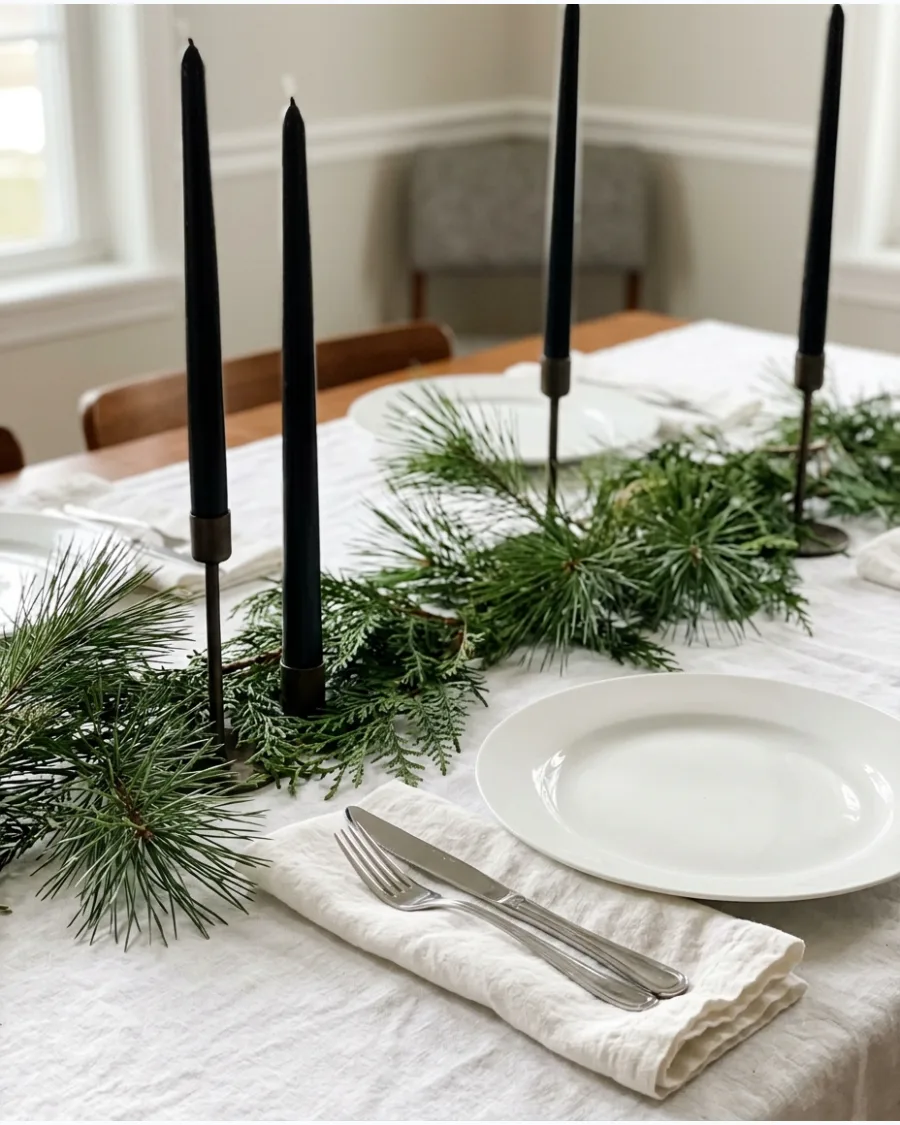 42. Black Candles and Evergreen Christmas Table