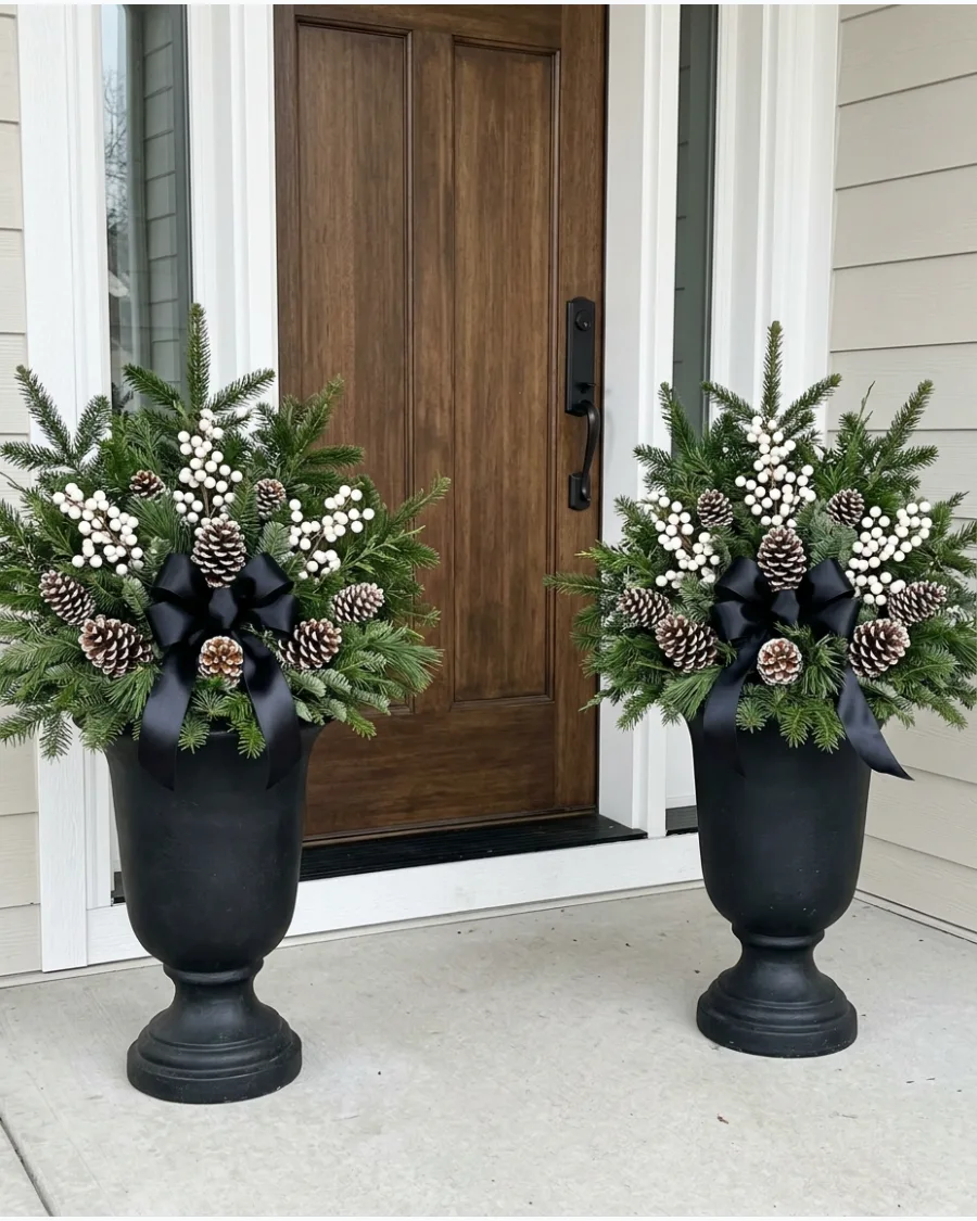 46. Black and White Christmas Porch Planters