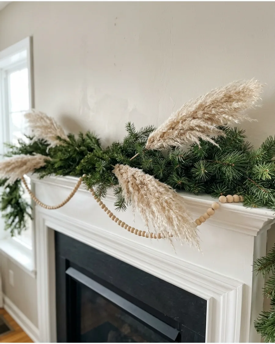 16. Boho Christmas Mantel With Pampas Grass