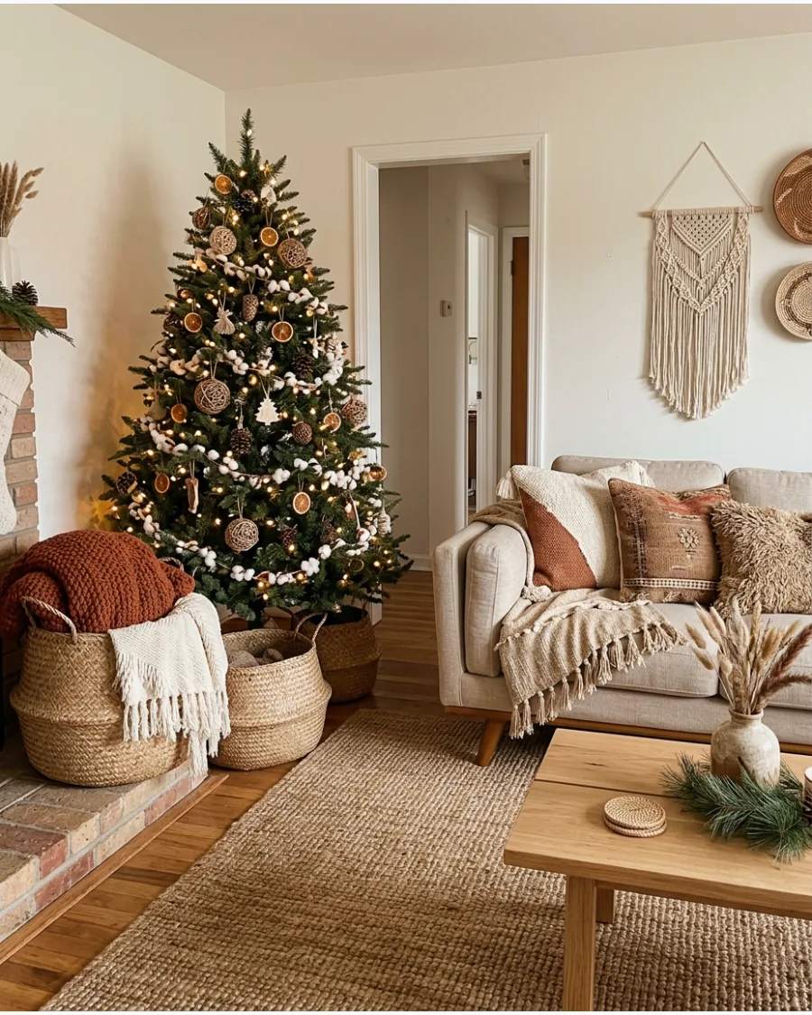24. Boho Christmas Living Room With Woven Textures