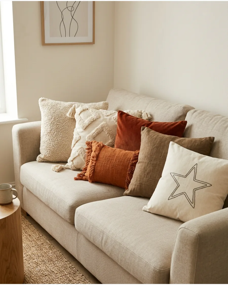 25. Boho Christmas Sofa With Textured Pillows