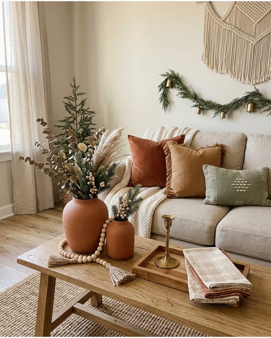 59. Warm Earth-Tone Boho Christmas Decor