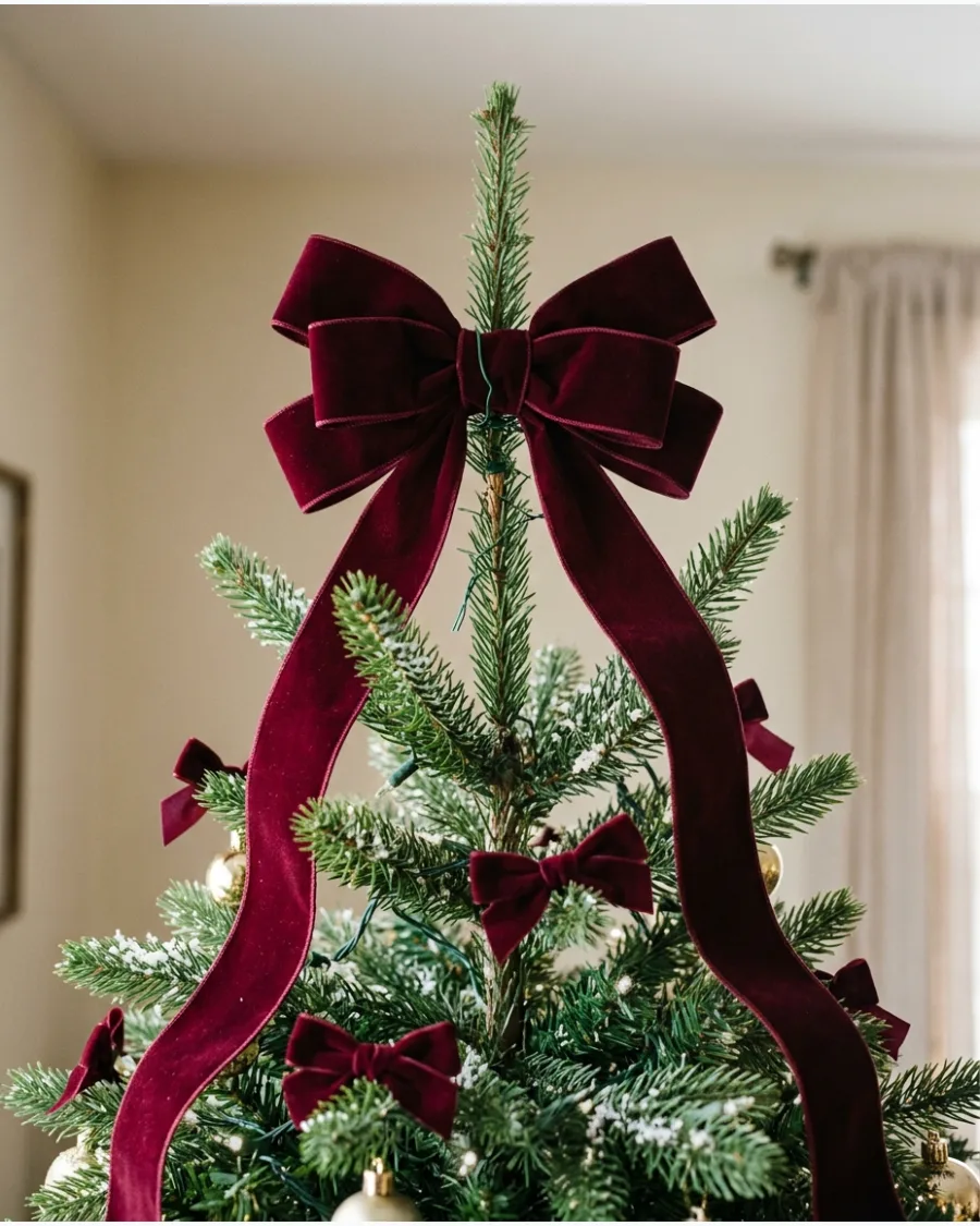 12. Burgundy Bow Christmas Tree Topper