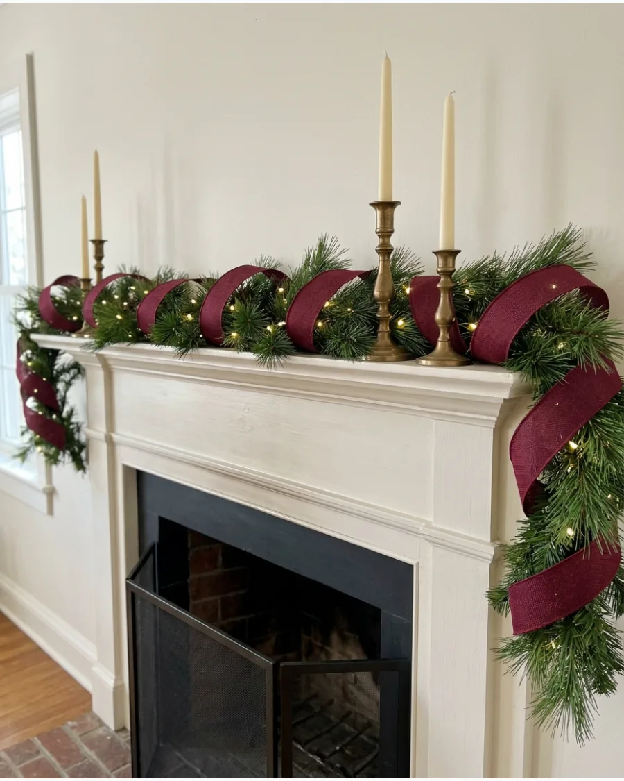 16. Burgundy Christmas Mantel With Green Garland