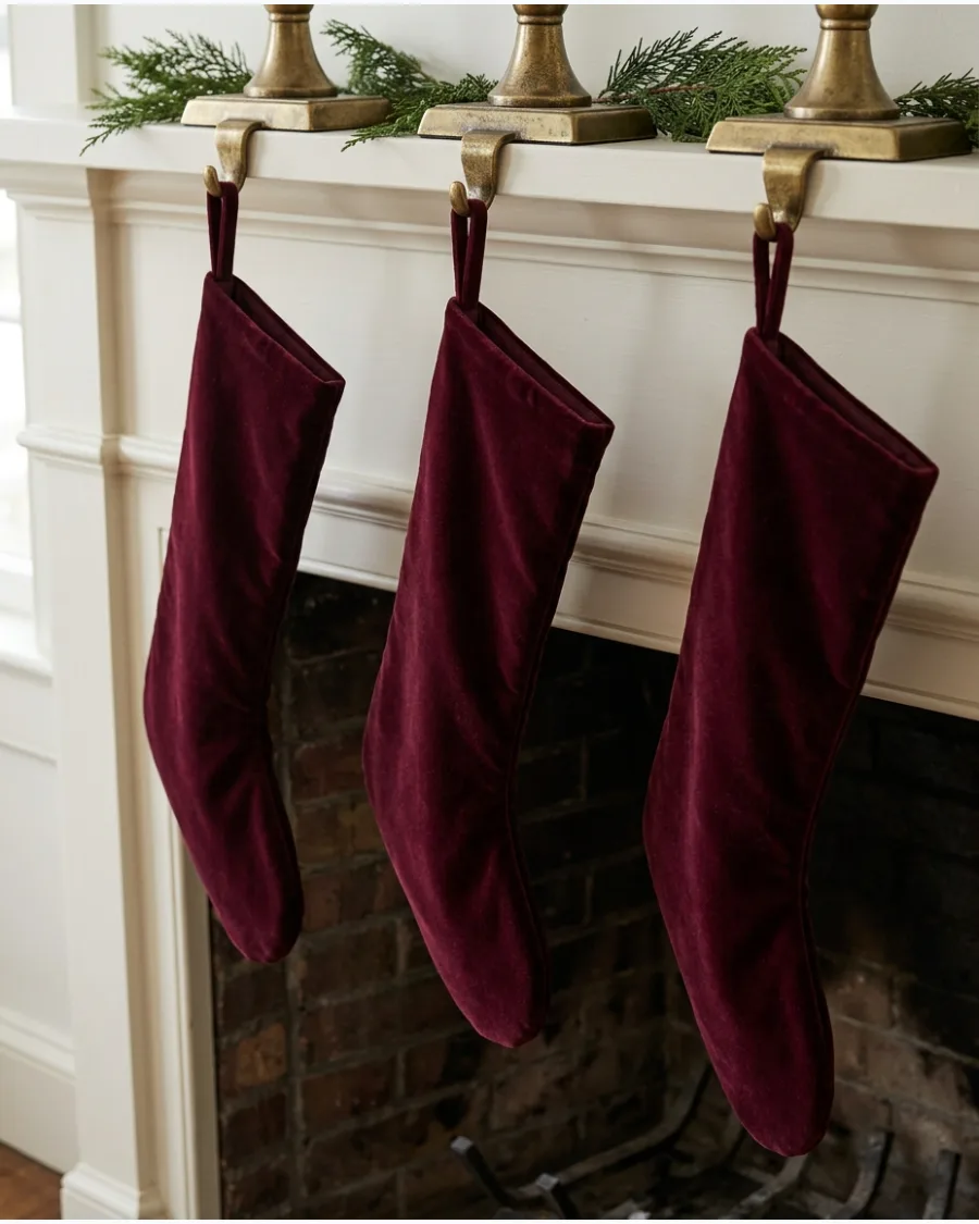 17. Burgundy Velvet Stockings on the Fireplace