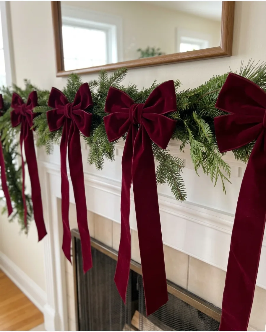 18. Burgundy Bow Christmas Mantel