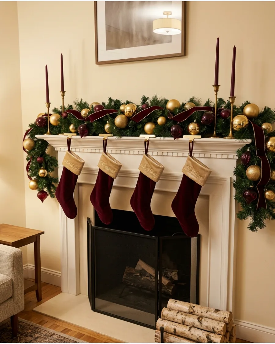 19. Burgundy and Gold Fireplace Decor