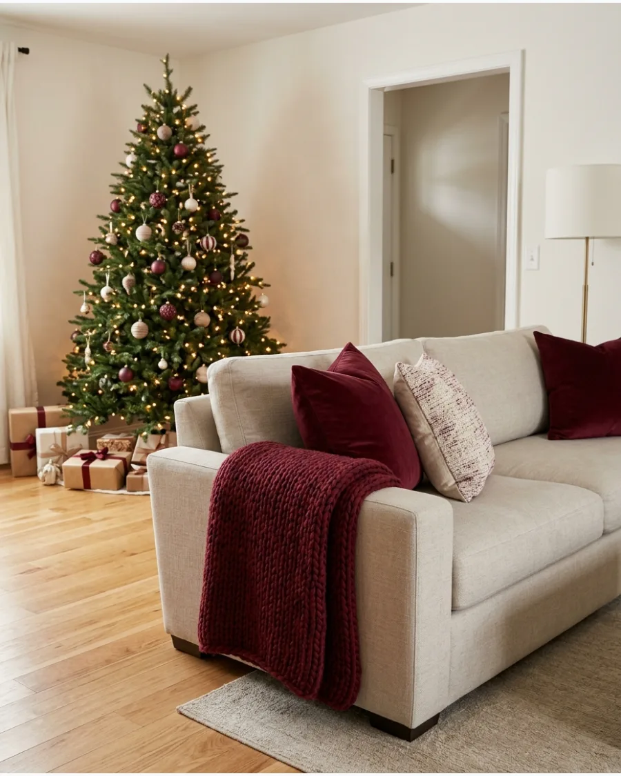 20. Burgundy Christmas Living Room