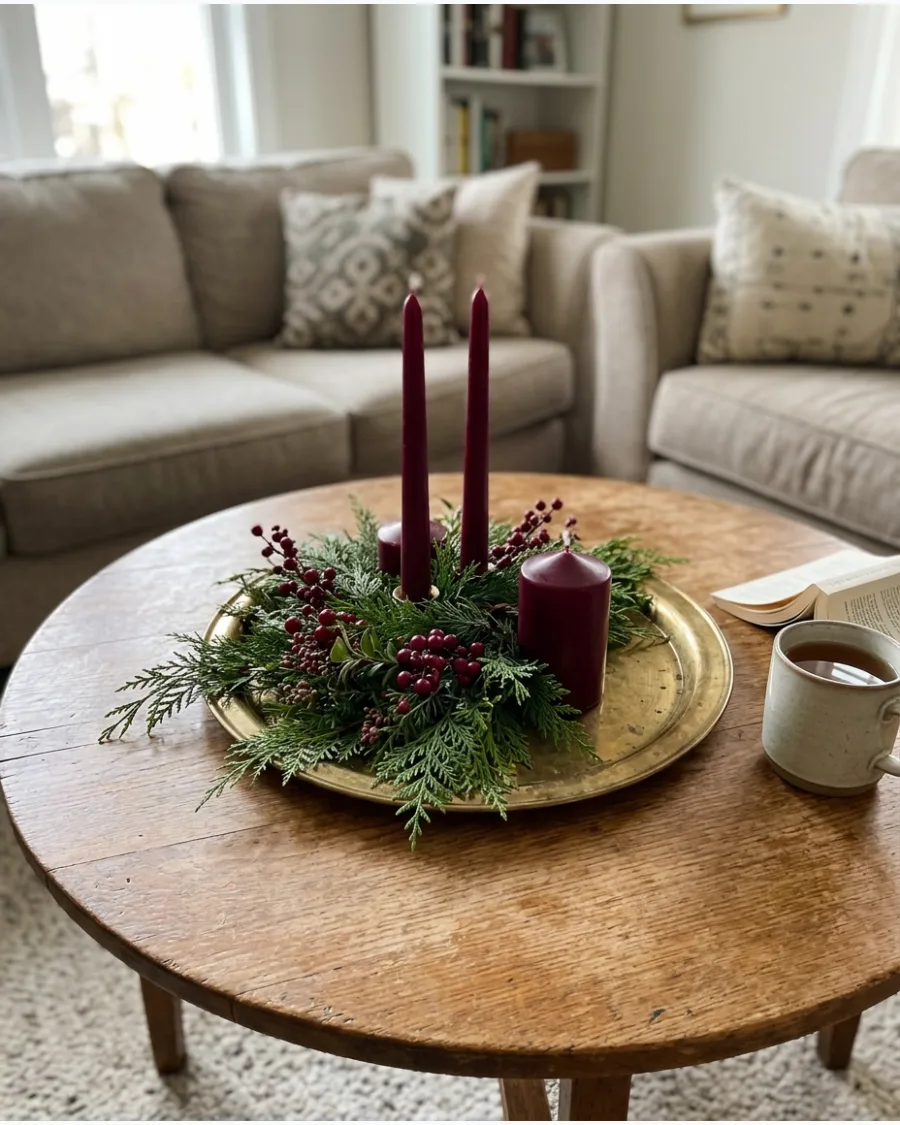 23. Burgundy Christmas Coffee Table Decor