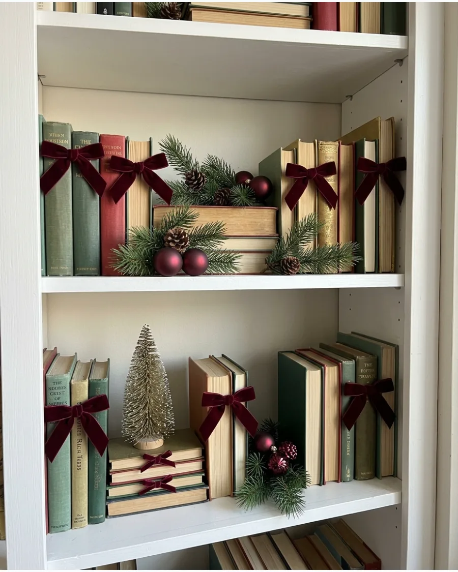 24. Burgundy Christmas Shelf Decor