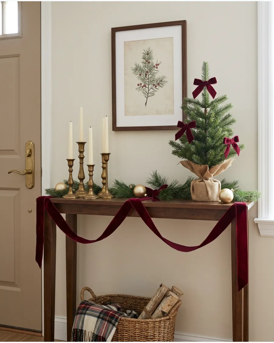 25. Burgundy Christmas Console Table