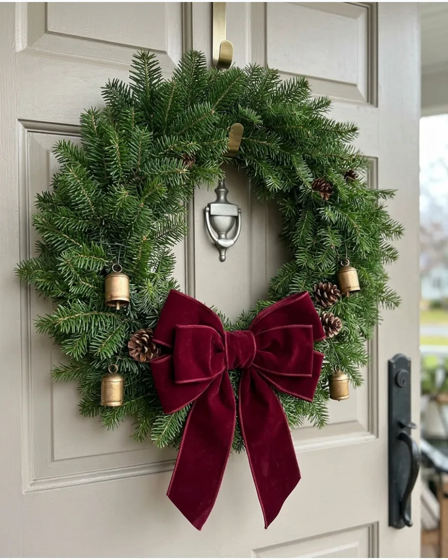 26. Burgundy Velvet Bow Christmas Wreath