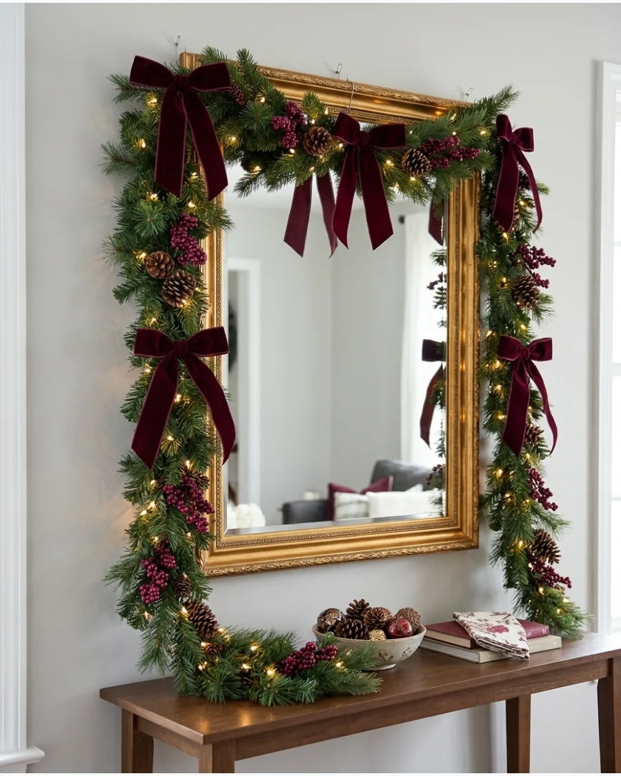 33. Burgundy Christmas Garland Around a Mirror
