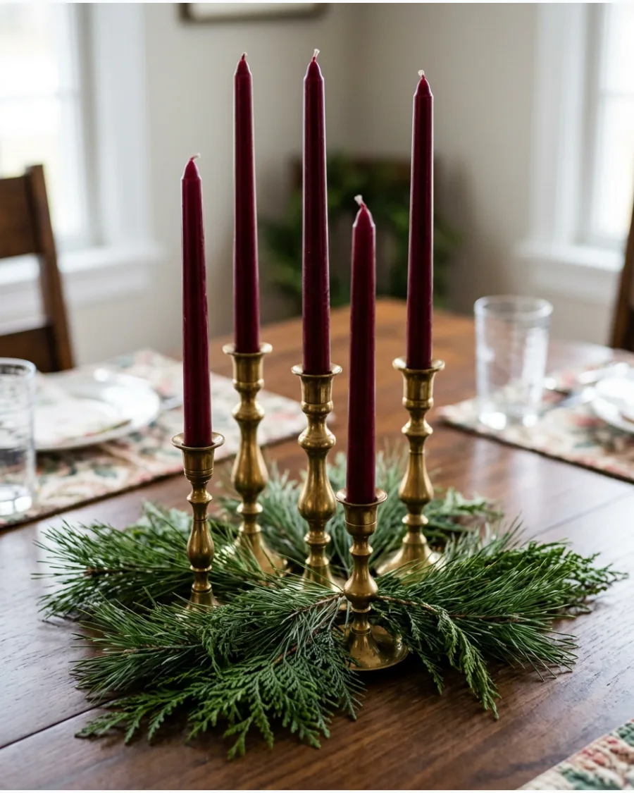 38. Burgundy Christmas Table With Brass Candlesticks