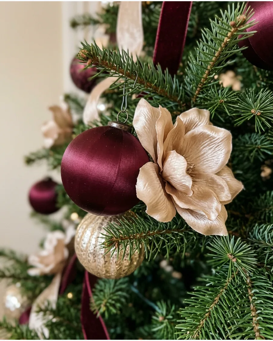 4. Burgundy and Champagne Christmas Tree