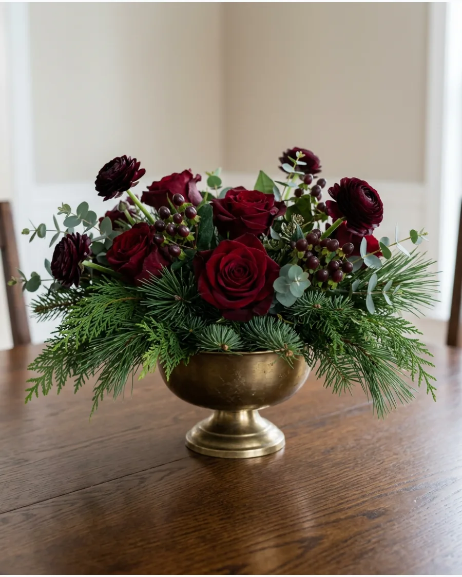 42. Burgundy Christmas Floral Centerpiece