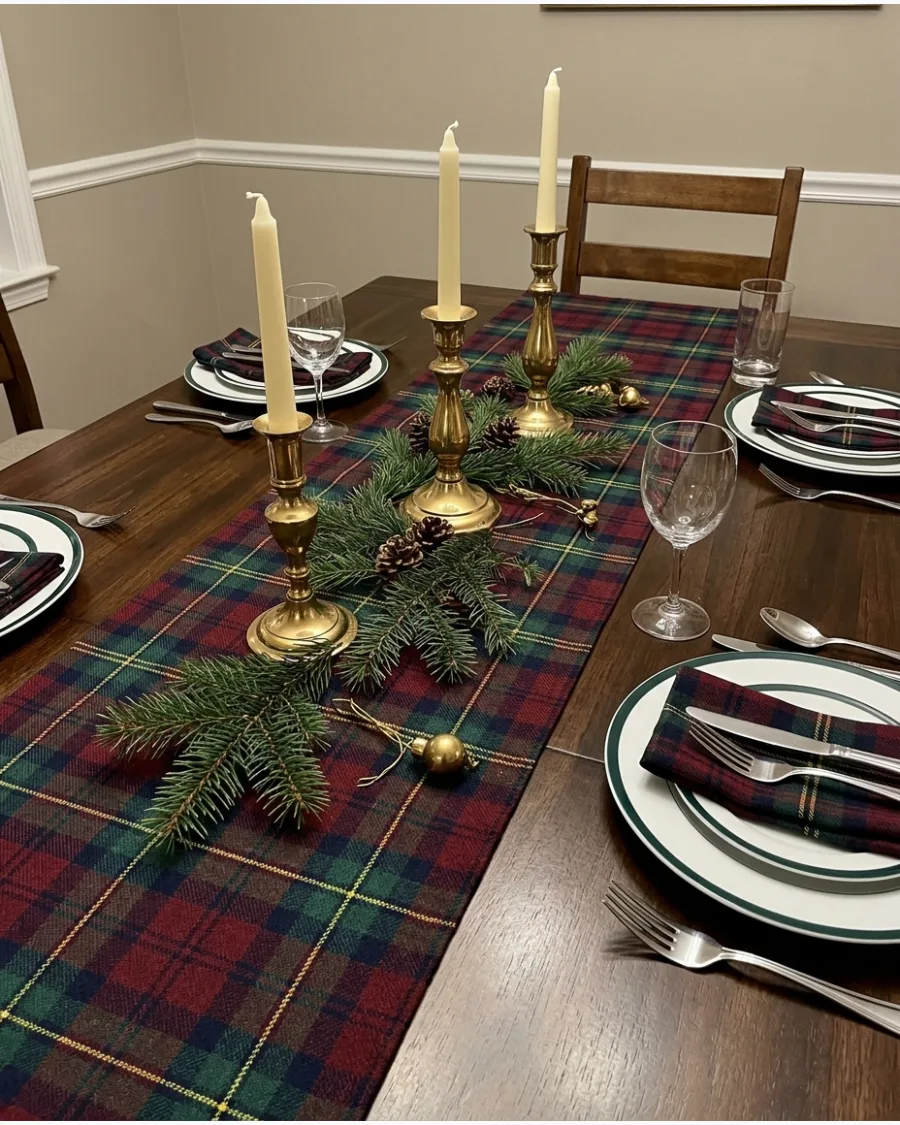 44. Burgundy and Tartan Christmas Table