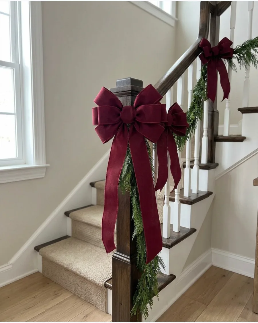 47. Burgundy Bows on Staircase Garland