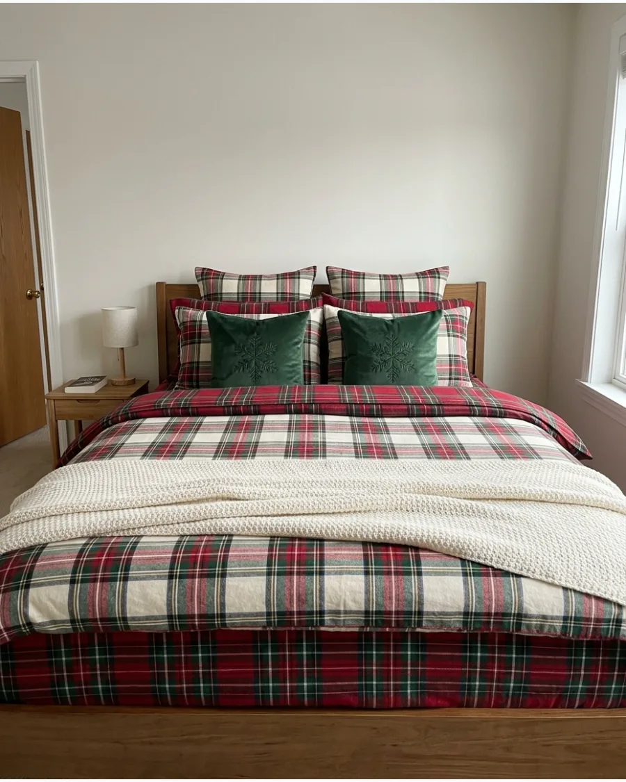 1. Cozy Christmas Bedroom With Layered Plaid Bedding