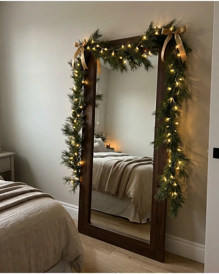 14. Christmas Garland Around a Bedroom Mirror