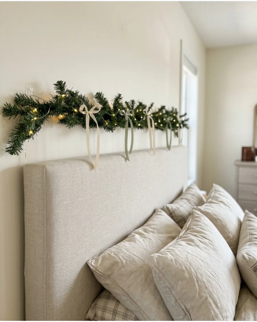 47. Christmas Garland Across an Upholstered Headboard