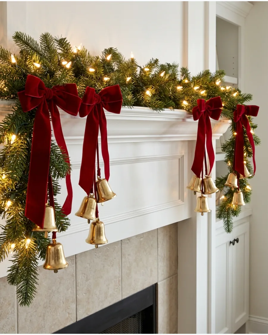 11. Red Ribbon and Bell Christmas Mantel