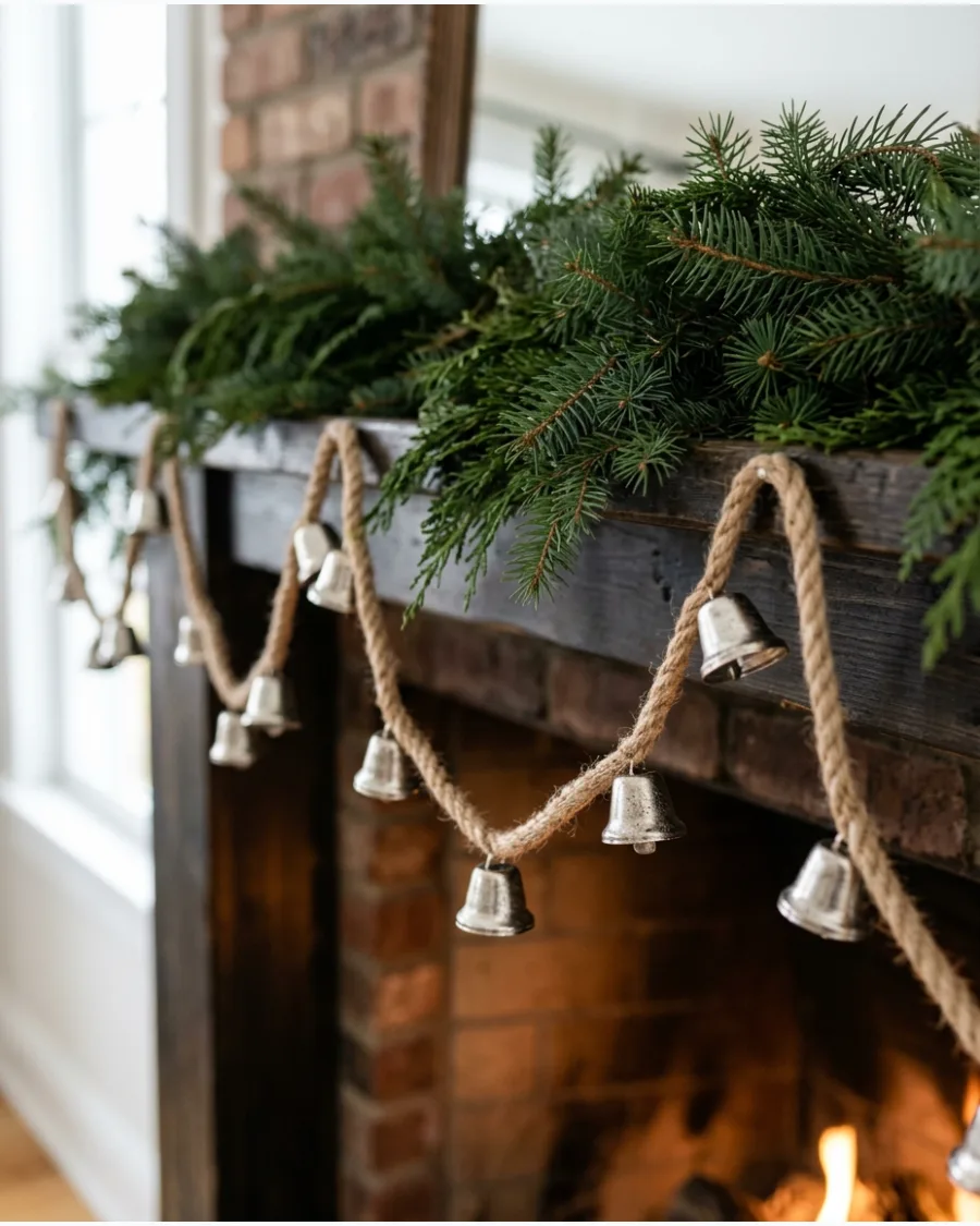 12. Bell Garland Across the Fireplace Mantel