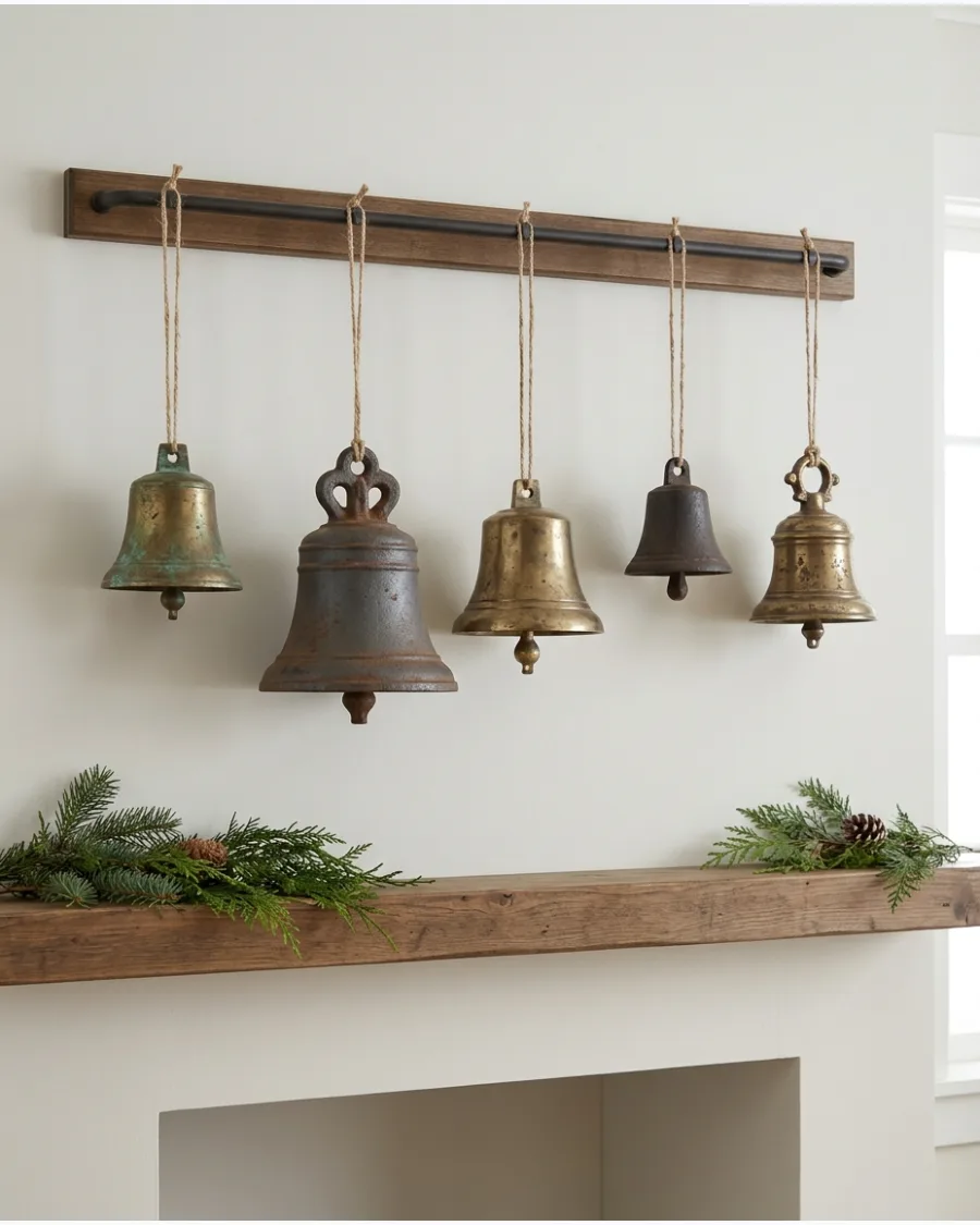 13. Vintage Bell Collection Above the Fireplace