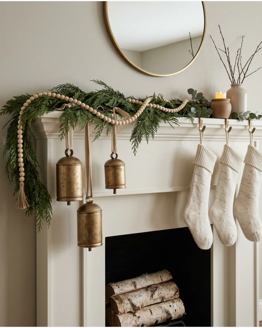 15. Neutral Christmas Mantel With Bells