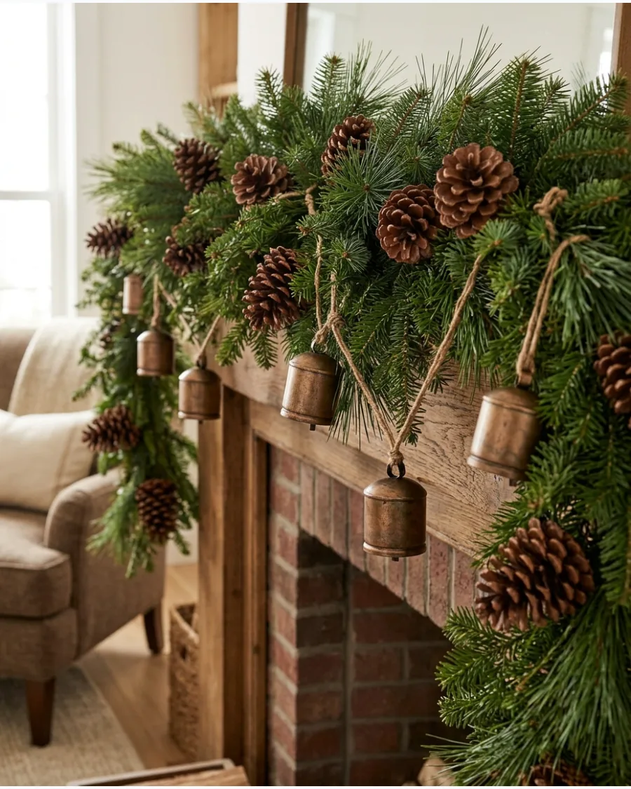16. Pinecone and Bell Fireplace Garland