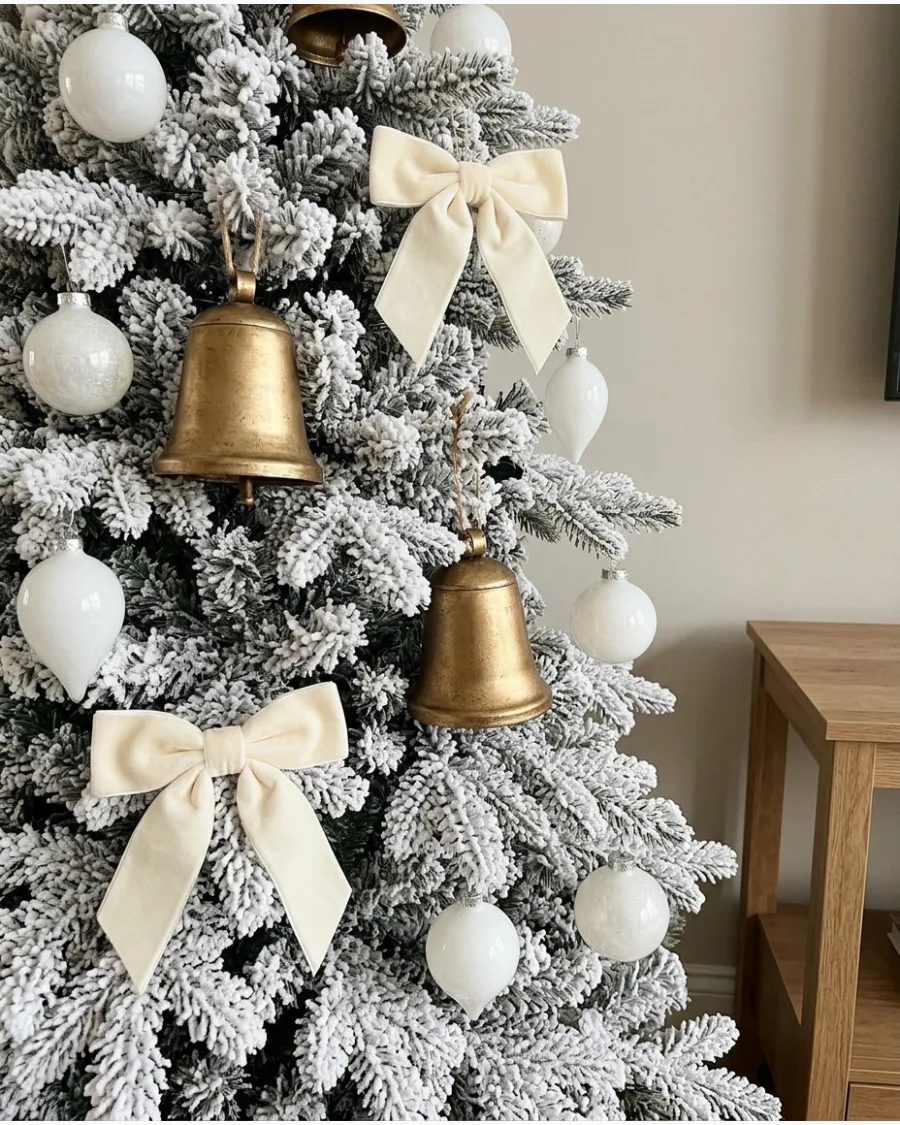 25. White Christmas Tree With Gold Bells