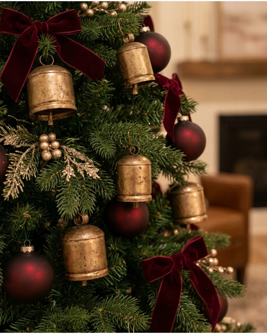 26. Burgundy and Brass Bell Christmas Tree