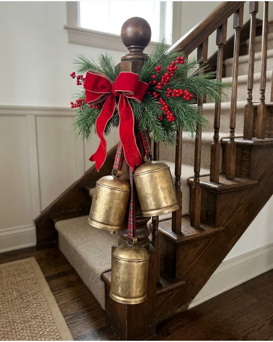 28. Christmas Bells Hanging From Stair Newel Post