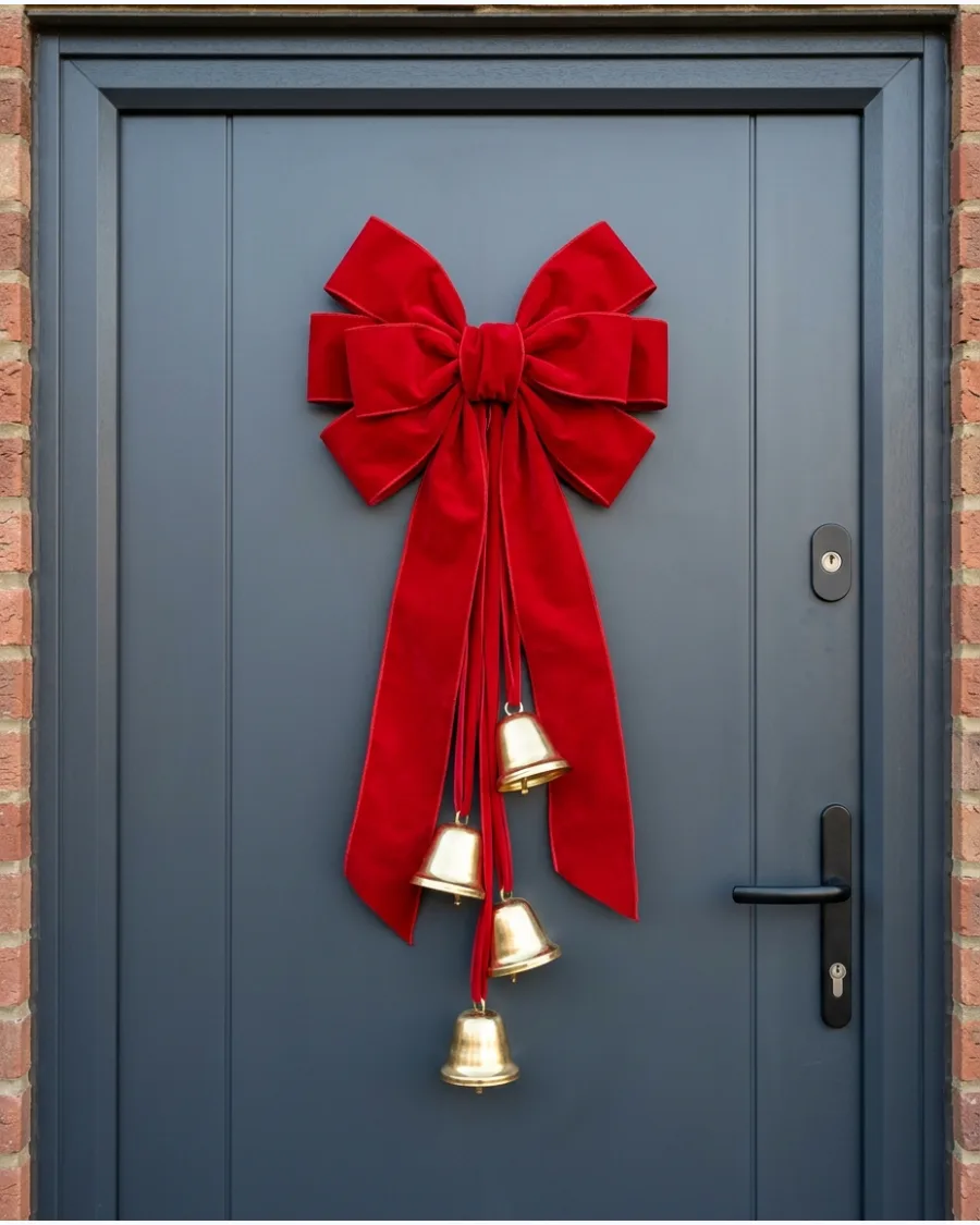 3. Red Velvet Bow and Gold Bell Door Decoration