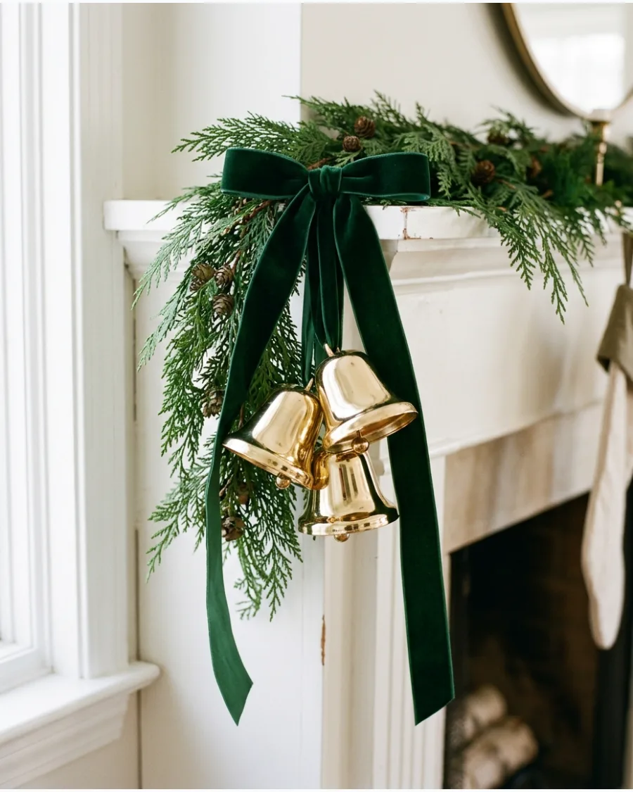 40. Elegant Green Velvet and Gold Bell Decorations