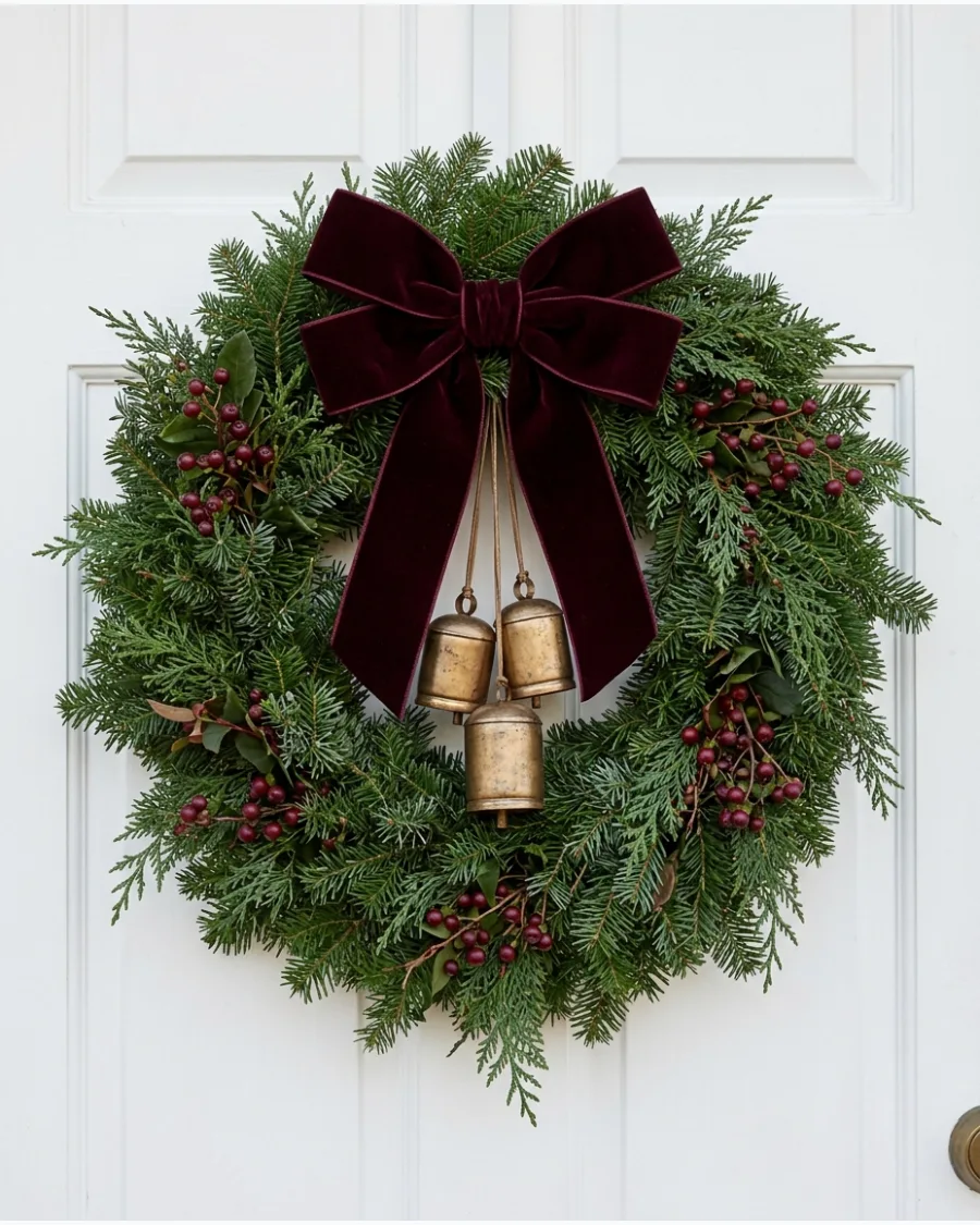 7. Burgundy Ribbon Christmas Bell Wreath