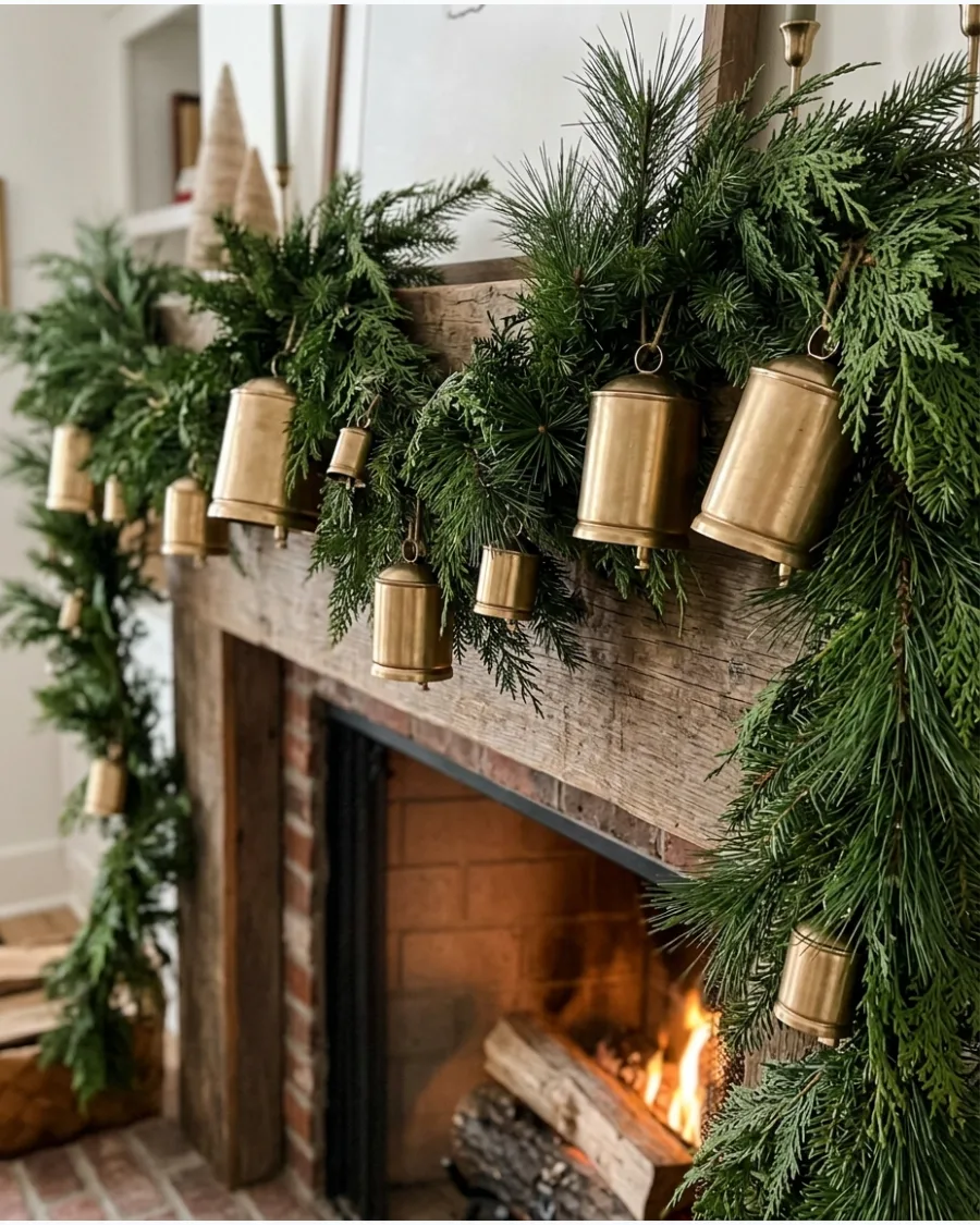 9. Christmas Mantel Garland With Brass Bells