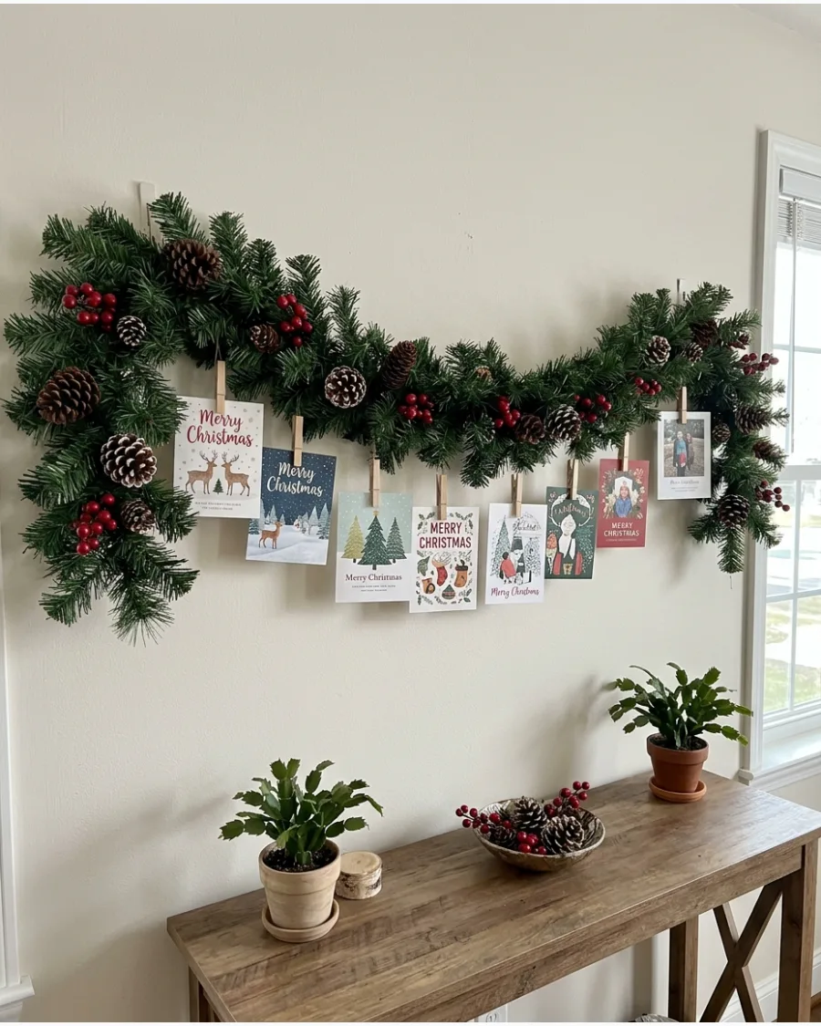 11. Evergreen Garland Christmas Card Display