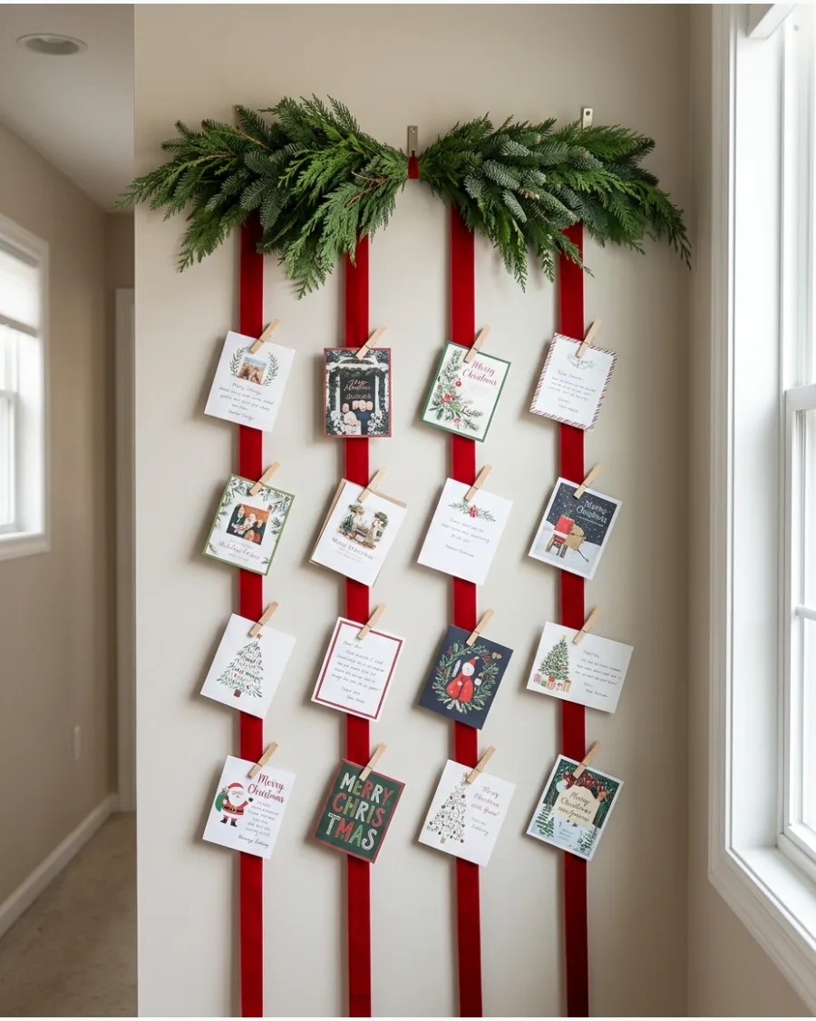 13. Hanging Ribbon and Greenery Card Display