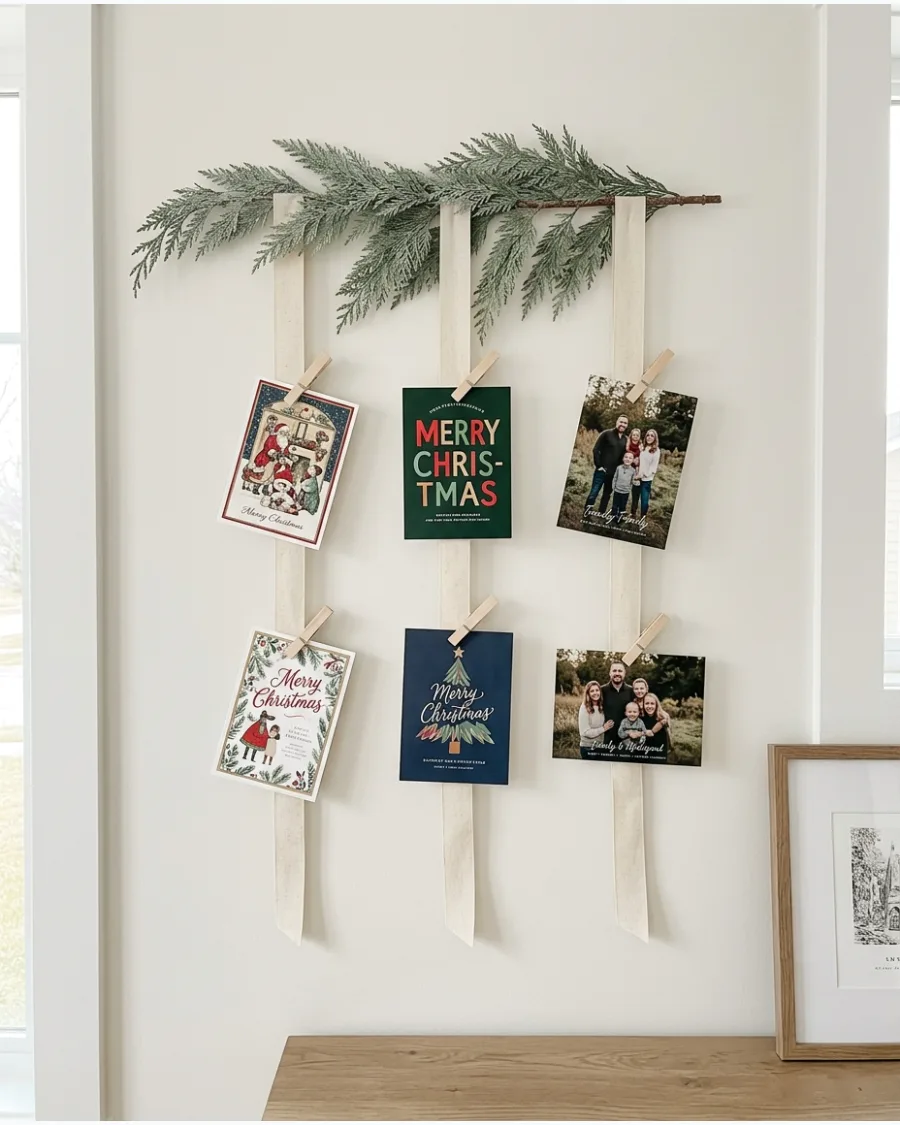 19. Neutral Greenery Christmas Card Display