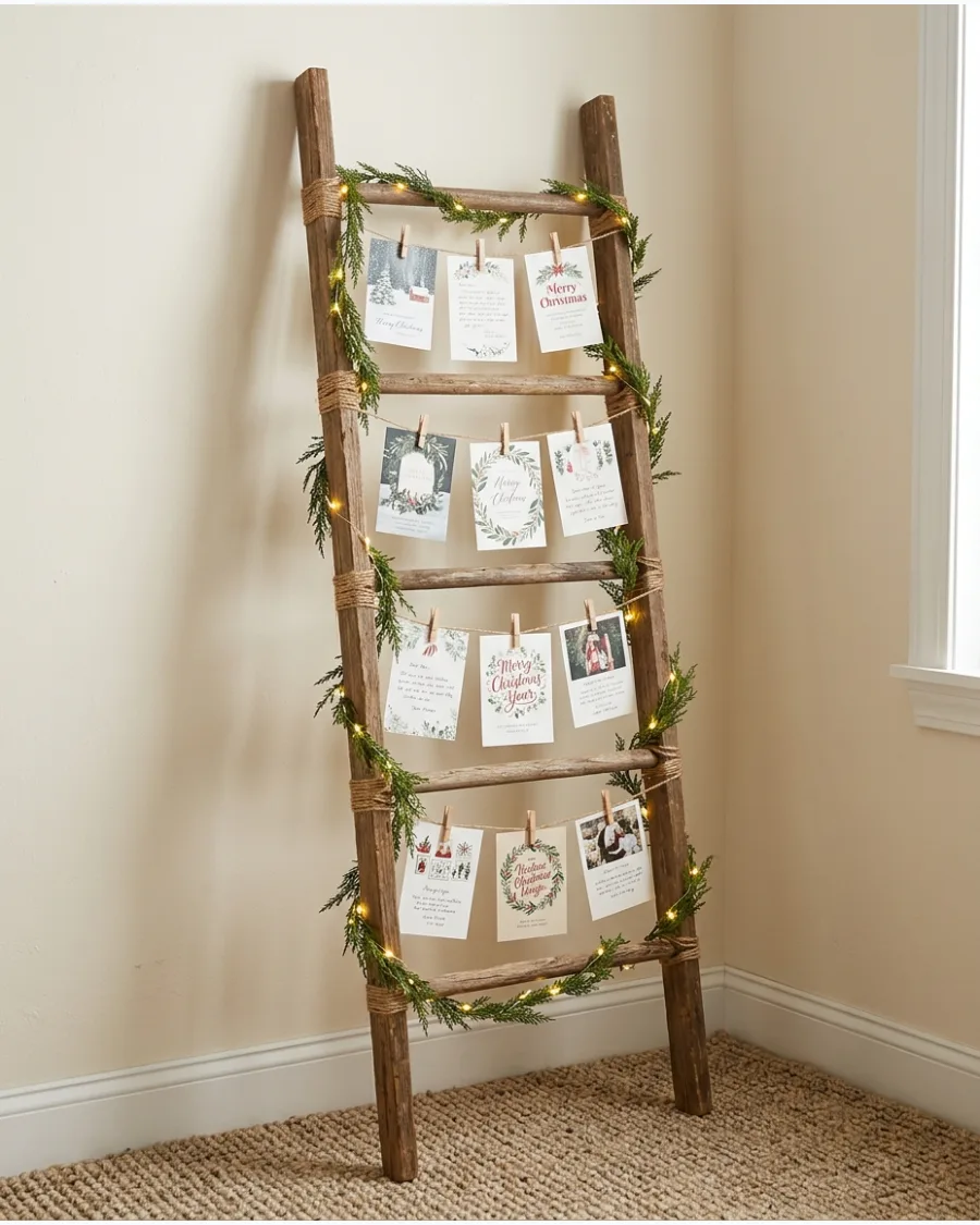 31. Vintage Ladder Christmas Card Display